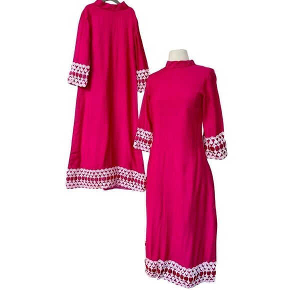 Extremely Rare 1970s Mommy & Me Handmade Matching Hot Pink Mock Neck Maxi Gowns - Picture 1 of 9